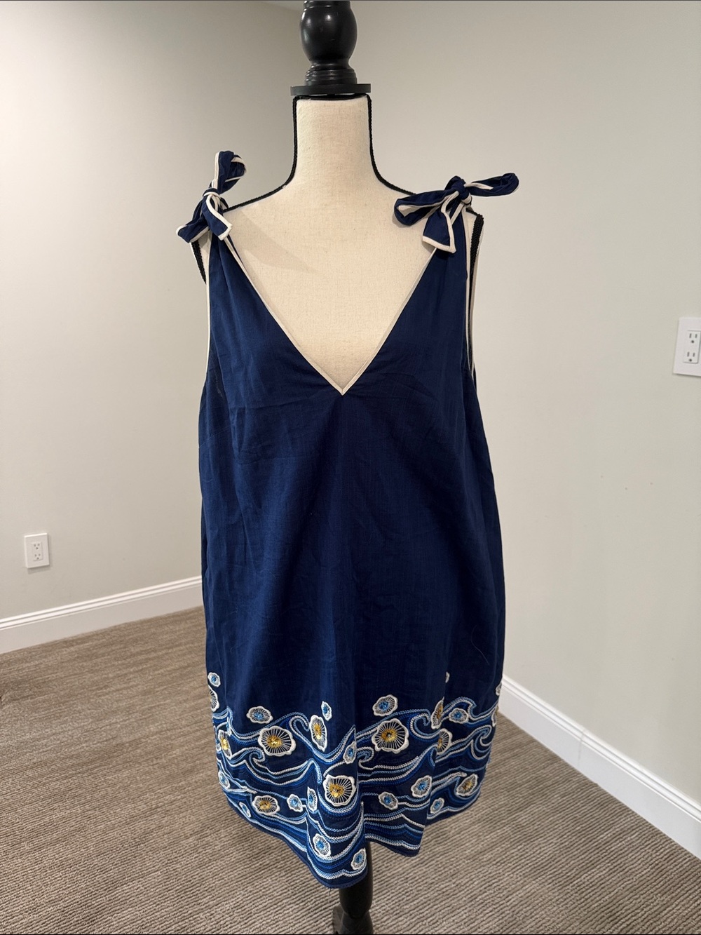 Anthropologie Navy Blue Mini Dress with Embroidered Hem XL Linen